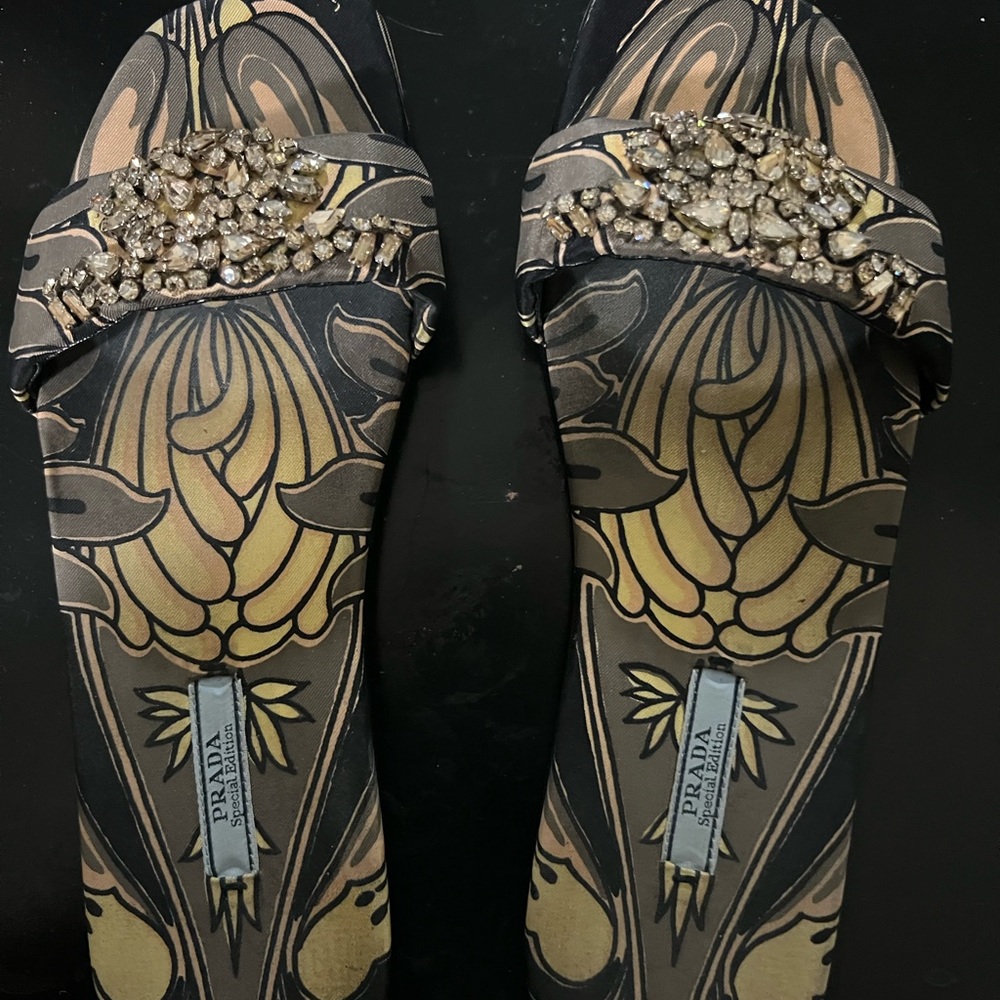 Prada Women's Black and Gold Floral Sandals
